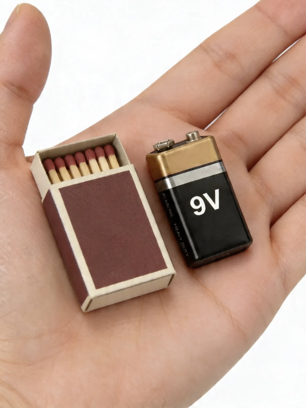 9V battery shown next to a matchbox