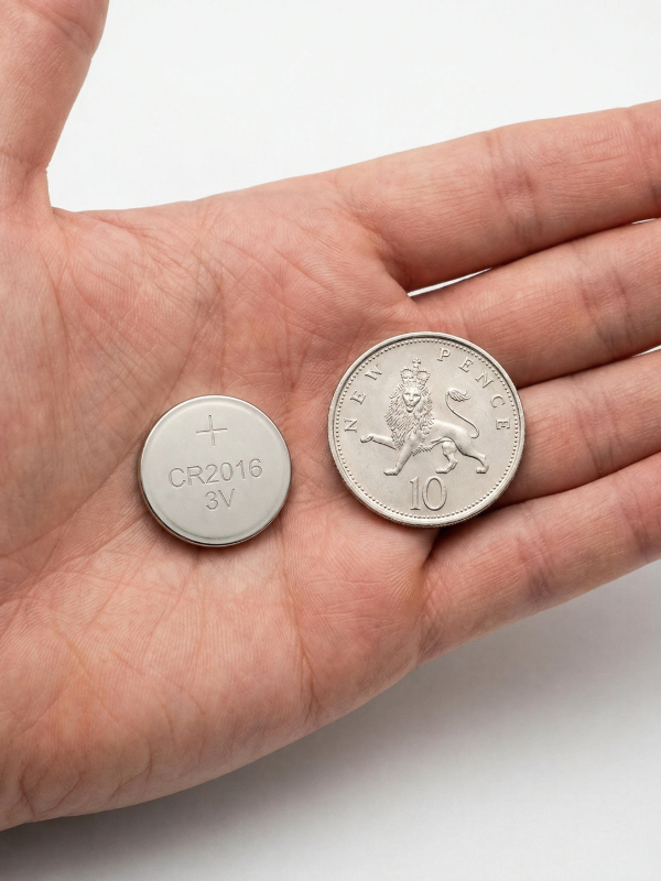 CR2016 battery shown next to a CR2032 - same diameter but half the thickness