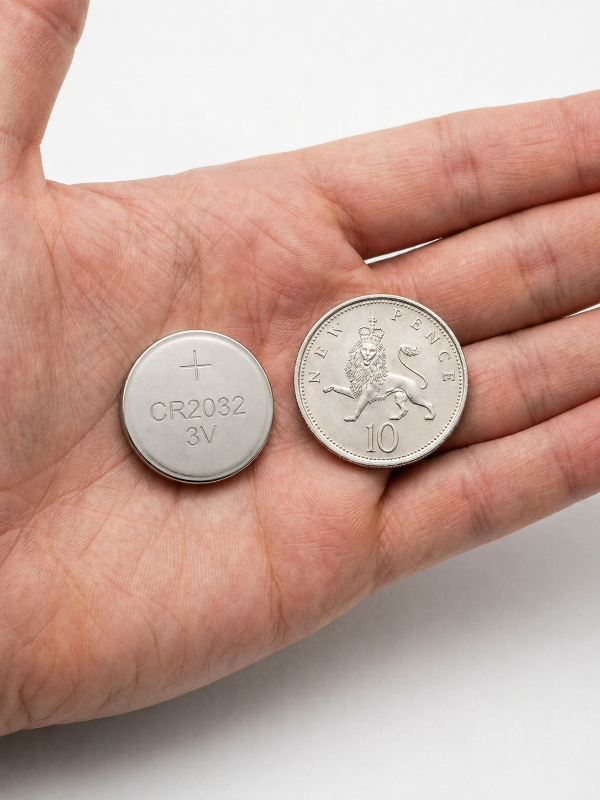 CR2032 battery shown next to a 10p coin