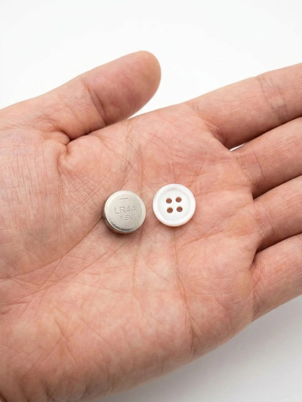 LR44 battery shown next to a shirt button