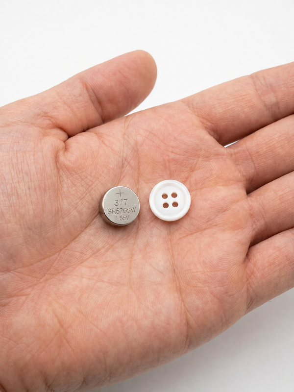 377 SR626SW watch battery shown next to a shirt button